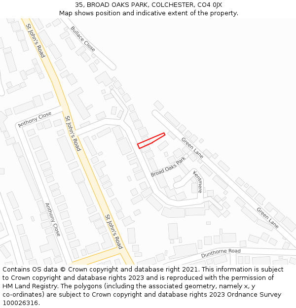 35, BROAD OAKS PARK, COLCHESTER, CO4 0JX: Location map and indicative extent of plot