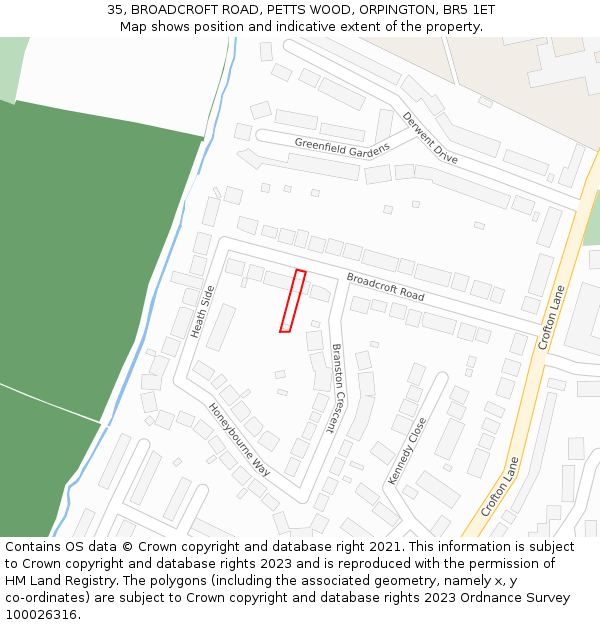 35, BROADCROFT ROAD, PETTS WOOD, ORPINGTON, BR5 1ET: Location map and indicative extent of plot
