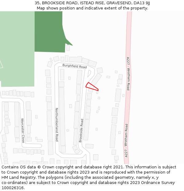 35, BROOKSIDE ROAD, ISTEAD RISE, GRAVESEND, DA13 9JJ: Location map and indicative extent of plot