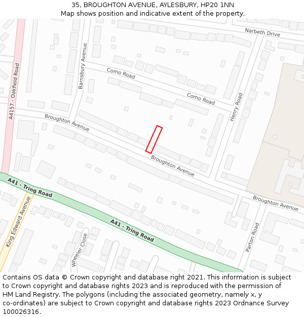 35, BROUGHTON AVENUE, AYLESBURY, HP20 1NN: Location map and indicative extent of plot