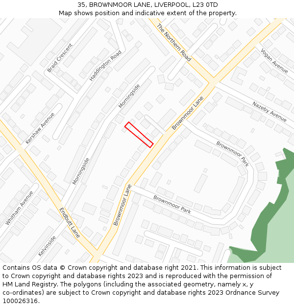 35, BROWNMOOR LANE, LIVERPOOL, L23 0TD: Location map and indicative extent of plot