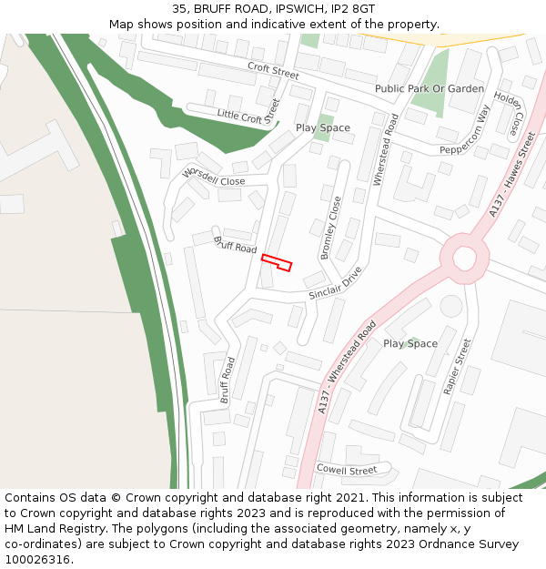 35, BRUFF ROAD, IPSWICH, IP2 8GT: Location map and indicative extent of plot