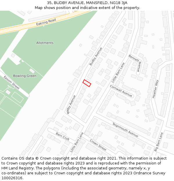 35, BUDBY AVENUE, MANSFIELD, NG18 3JA: Location map and indicative extent of plot