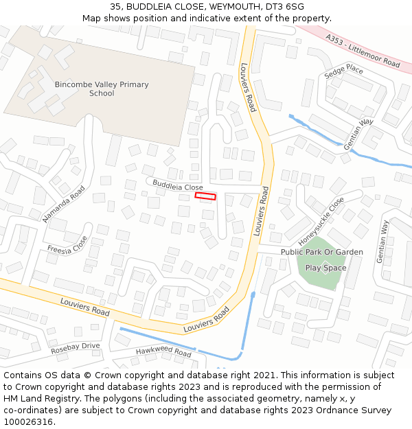 35, BUDDLEIA CLOSE, WEYMOUTH, DT3 6SG: Location map and indicative extent of plot