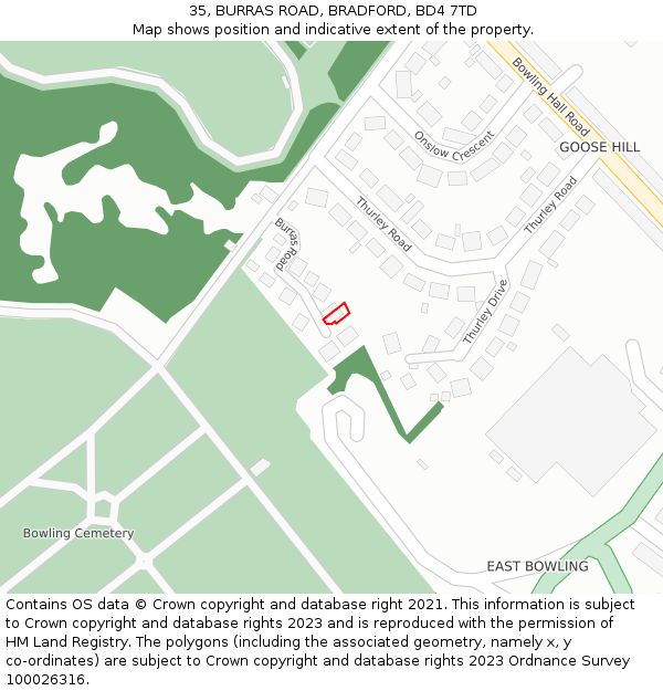 35, BURRAS ROAD, BRADFORD, BD4 7TD: Location map and indicative extent of plot