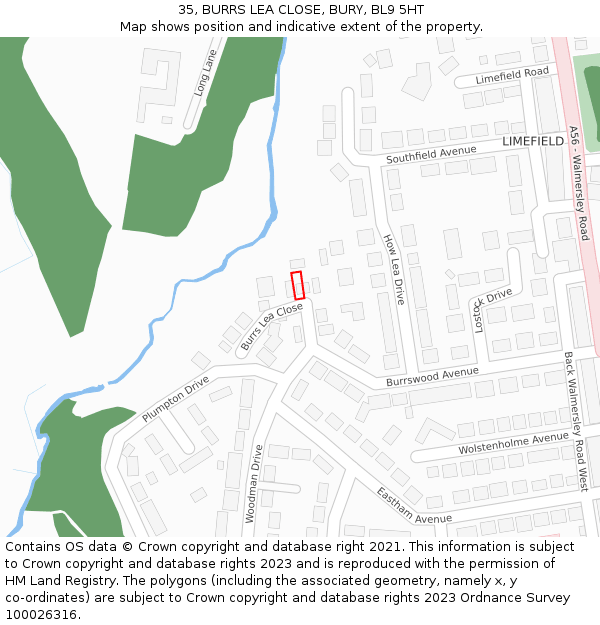 35, BURRS LEA CLOSE, BURY, BL9 5HT: Location map and indicative extent of plot