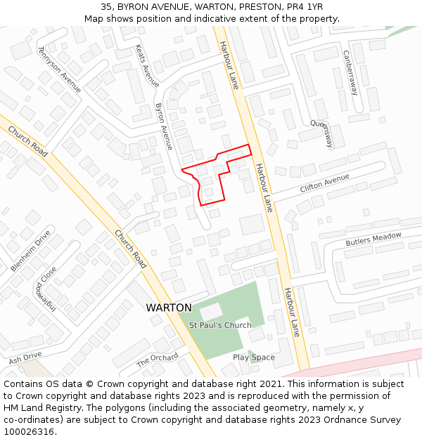 35, BYRON AVENUE, WARTON, PRESTON, PR4 1YR: Location map and indicative extent of plot