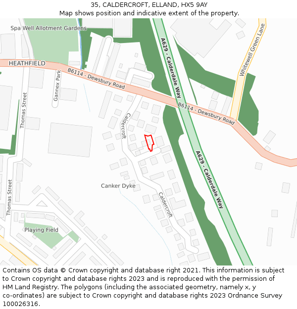 35, CALDERCROFT, ELLAND, HX5 9AY: Location map and indicative extent of plot