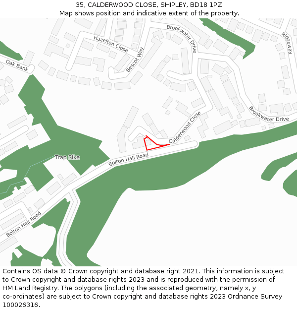 35, CALDERWOOD CLOSE, SHIPLEY, BD18 1PZ: Location map and indicative extent of plot