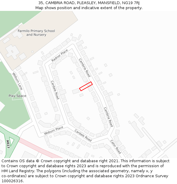 35, CAMBRIA ROAD, PLEASLEY, MANSFIELD, NG19 7RJ: Location map and indicative extent of plot