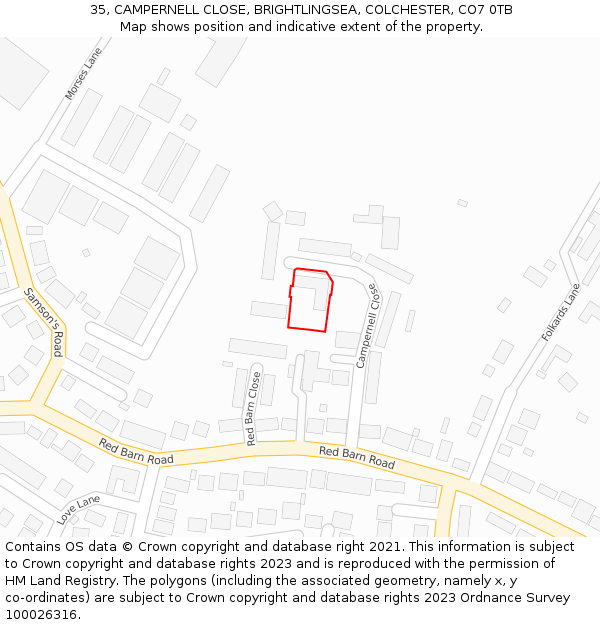 35, CAMPERNELL CLOSE, BRIGHTLINGSEA, COLCHESTER, CO7 0TB: Location map and indicative extent of plot