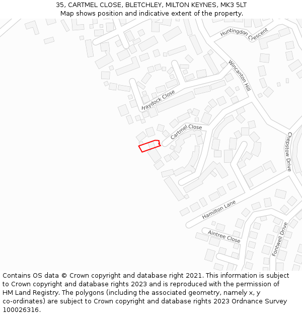35, CARTMEL CLOSE, BLETCHLEY, MILTON KEYNES, MK3 5LT: Location map and indicative extent of plot