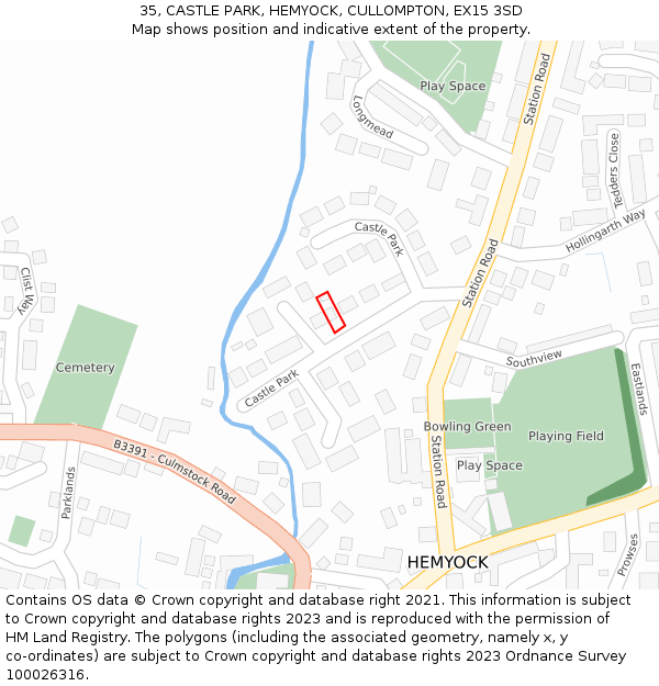 35, CASTLE PARK, HEMYOCK, CULLOMPTON, EX15 3SD: Location map and indicative extent of plot