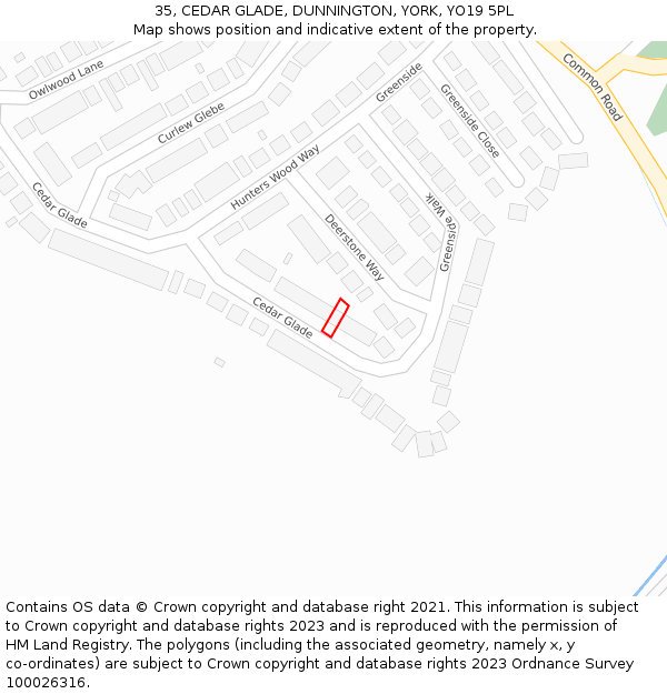 35, CEDAR GLADE, DUNNINGTON, YORK, YO19 5PL: Location map and indicative extent of plot