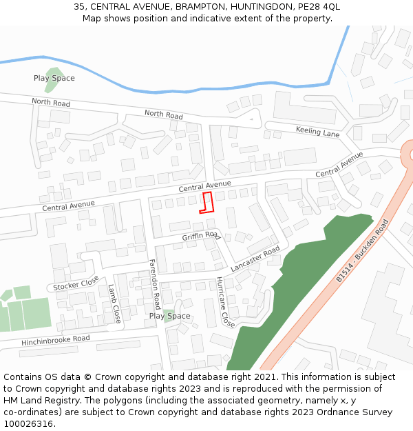 35, CENTRAL AVENUE, BRAMPTON, HUNTINGDON, PE28 4QL: Location map and indicative extent of plot