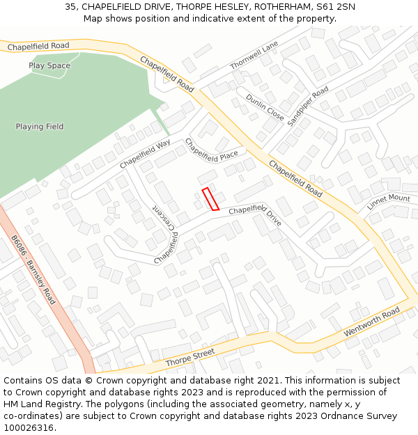 35, CHAPELFIELD DRIVE, THORPE HESLEY, ROTHERHAM, S61 2SN: Location map and indicative extent of plot