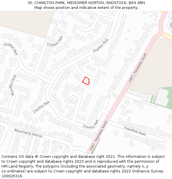 35, CHARLTON PARK, MIDSOMER NORTON, RADSTOCK, BA3 4BN: Location map and indicative extent of plot