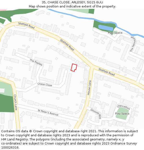 35, CHASE CLOSE, ARLESEY, SG15 6UU: Location map and indicative extent of plot