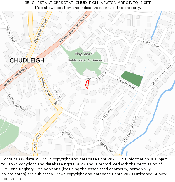 35, CHESTNUT CRESCENT, CHUDLEIGH, NEWTON ABBOT, TQ13 0PT: Location map and indicative extent of plot