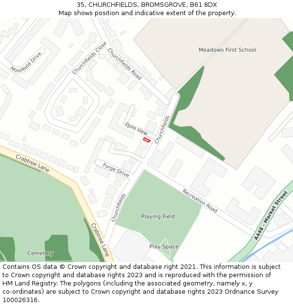 35, CHURCHFIELDS, BROMSGROVE, B61 8DX: Location map and indicative extent of plot