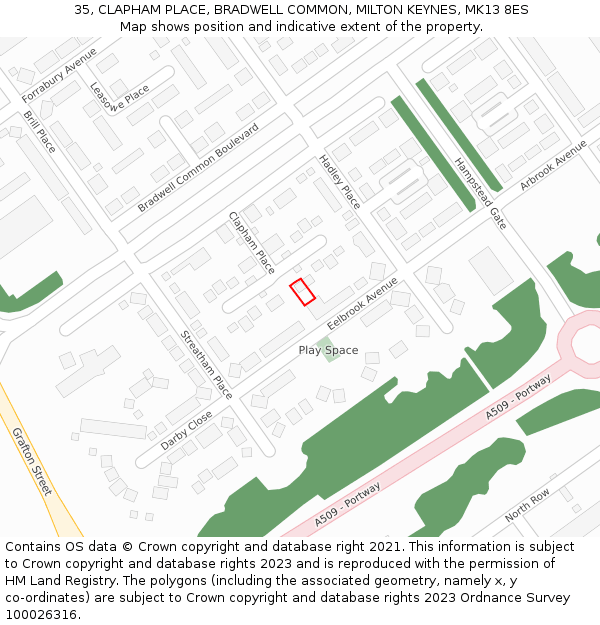 35, CLAPHAM PLACE, BRADWELL COMMON, MILTON KEYNES, MK13 8ES: Location map and indicative extent of plot