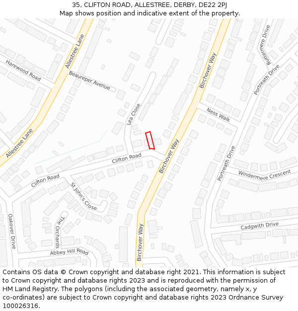 35, CLIFTON ROAD, ALLESTREE, DERBY, DE22 2PJ: Location map and indicative extent of plot