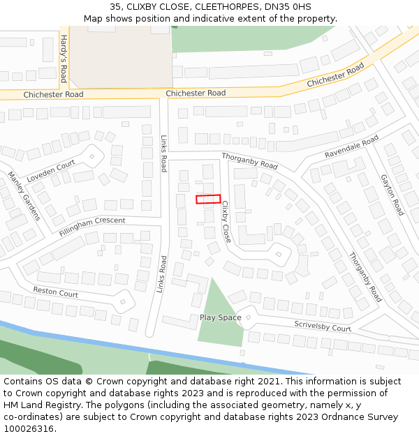 35, CLIXBY CLOSE, CLEETHORPES, DN35 0HS: Location map and indicative extent of plot