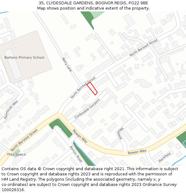 35, CLYDESDALE GARDENS, BOGNOR REGIS, PO22 9BE: Location map and indicative extent of plot
