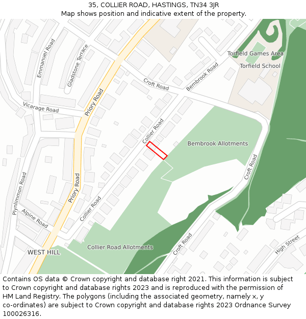 35, COLLIER ROAD, HASTINGS, TN34 3JR: Location map and indicative extent of plot