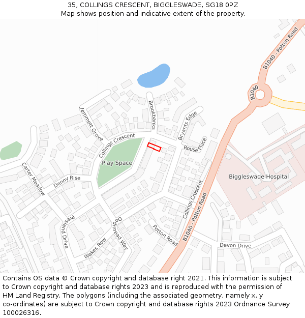 35, COLLINGS CRESCENT, BIGGLESWADE, SG18 0PZ: Location map and indicative extent of plot