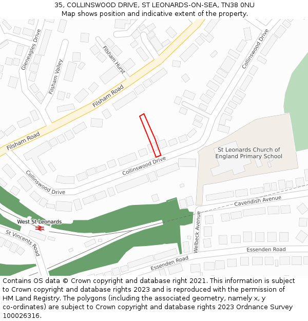 35, COLLINSWOOD DRIVE, ST LEONARDS-ON-SEA, TN38 0NU: Location map and indicative extent of plot