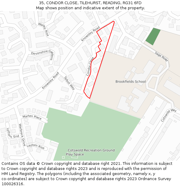 35, CONDOR CLOSE, TILEHURST, READING, RG31 6FD: Location map and indicative extent of plot