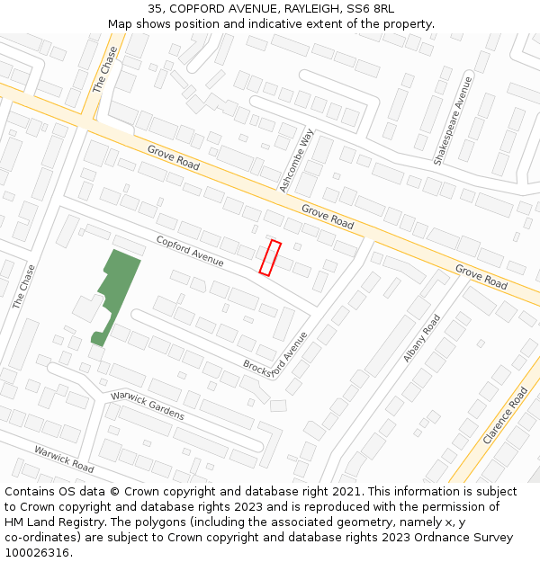 35, COPFORD AVENUE, RAYLEIGH, SS6 8RL: Location map and indicative extent of plot