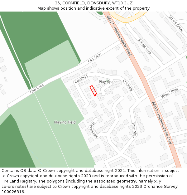 35, CORNFIELD, DEWSBURY, WF13 3UZ: Location map and indicative extent of plot