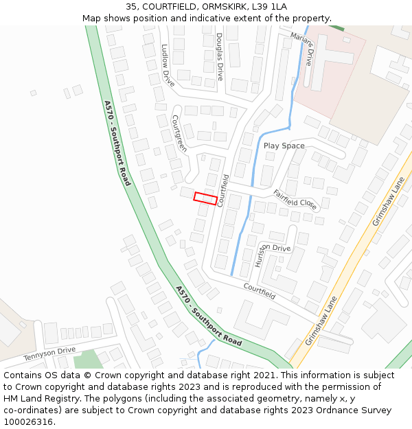 35, COURTFIELD, ORMSKIRK, L39 1LA: Location map and indicative extent of plot