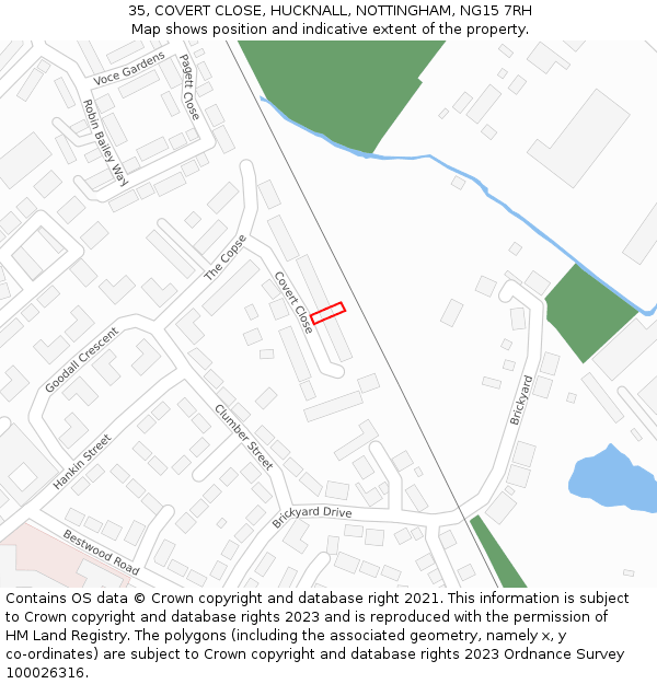 35, COVERT CLOSE, HUCKNALL, NOTTINGHAM, NG15 7RH: Location map and indicative extent of plot