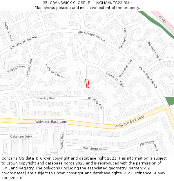35, CRANSWICK CLOSE, BILLINGHAM, TS23 3NH: Location map and indicative extent of plot