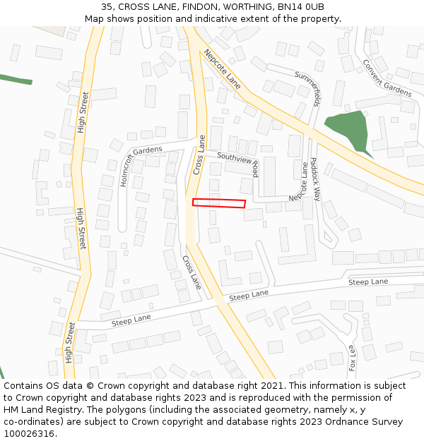 35, CROSS LANE, FINDON, WORTHING, BN14 0UB: Location map and indicative extent of plot