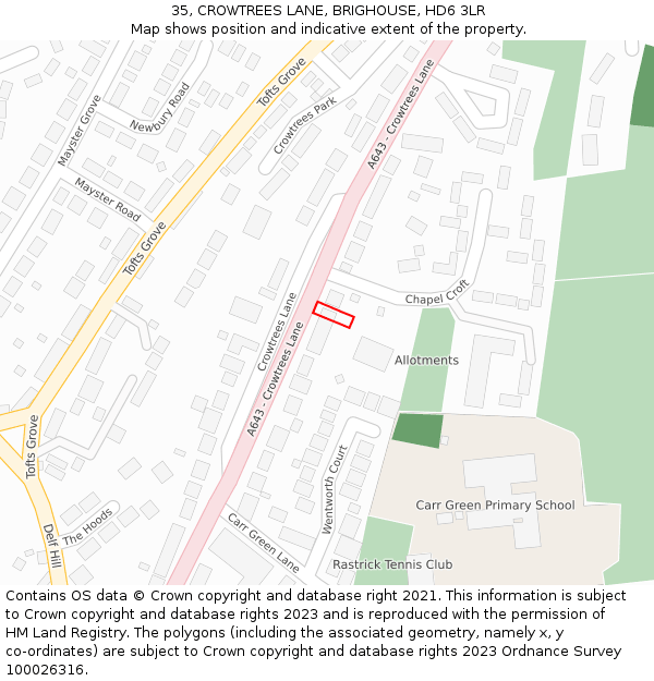 35, CROWTREES LANE, BRIGHOUSE, HD6 3LR: Location map and indicative extent of plot