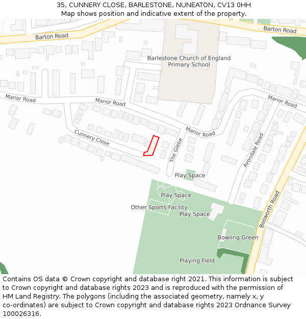 35, CUNNERY CLOSE, BARLESTONE, NUNEATON, CV13 0HH: Location map and indicative extent of plot