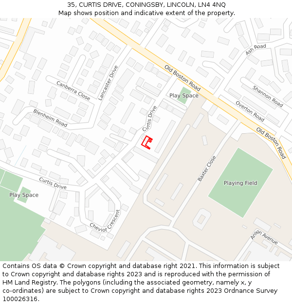 35, CURTIS DRIVE, CONINGSBY, LINCOLN, LN4 4NQ: Location map and indicative extent of plot