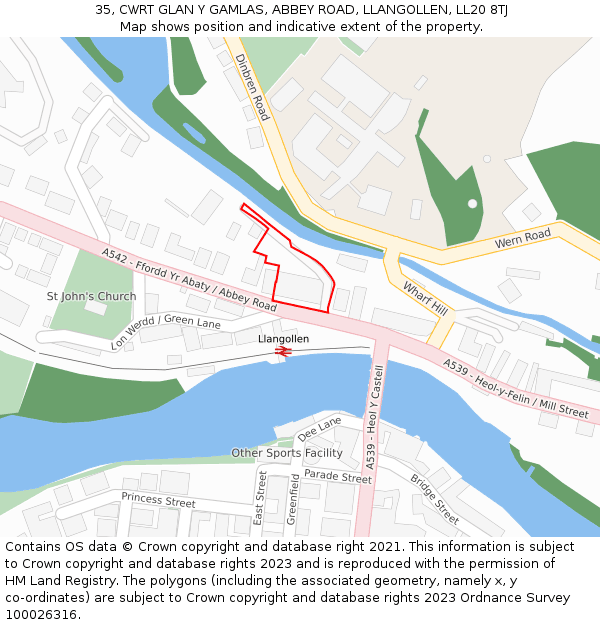 35, CWRT GLAN Y GAMLAS, ABBEY ROAD, LLANGOLLEN, LL20 8TJ: Location map and indicative extent of plot