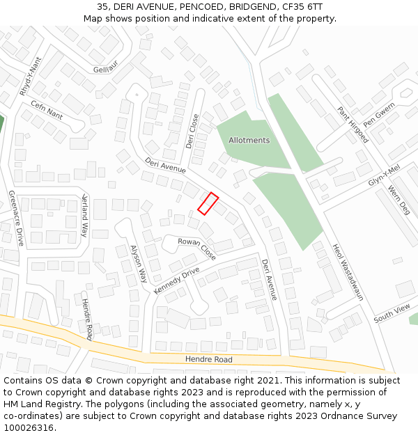 35, DERI AVENUE, PENCOED, BRIDGEND, CF35 6TT: Location map and indicative extent of plot