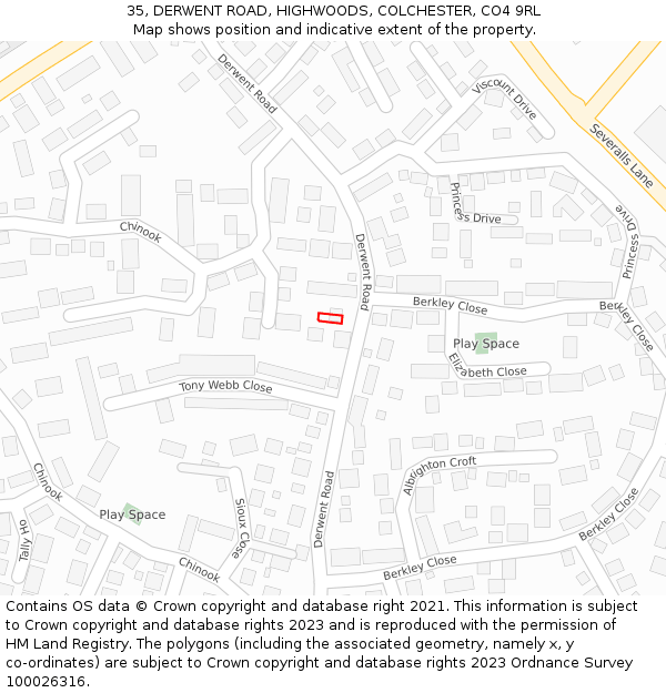 35, DERWENT ROAD, HIGHWOODS, COLCHESTER, CO4 9RL: Location map and indicative extent of plot