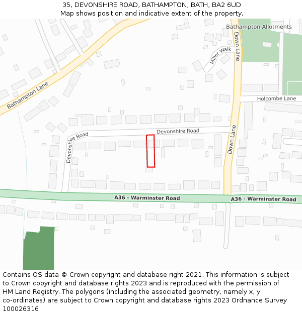 35, DEVONSHIRE ROAD, BATHAMPTON, BATH, BA2 6UD: Location map and indicative extent of plot