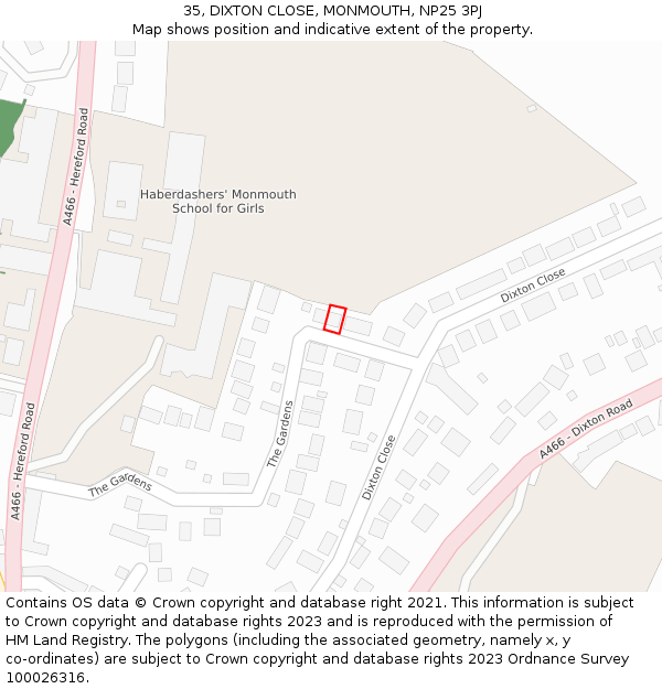 35, DIXTON CLOSE, MONMOUTH, NP25 3PJ: Location map and indicative extent of plot