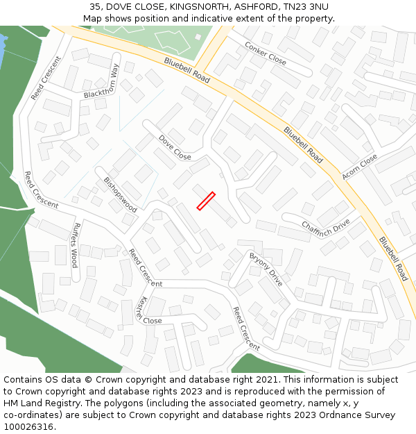 35, DOVE CLOSE, KINGSNORTH, ASHFORD, TN23 3NU: Location map and indicative extent of plot