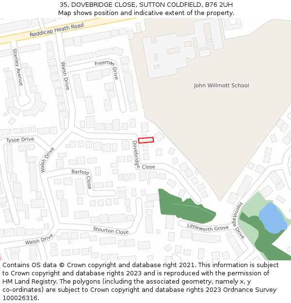 35, DOVEBRIDGE CLOSE, SUTTON COLDFIELD, B76 2UH: Location map and indicative extent of plot