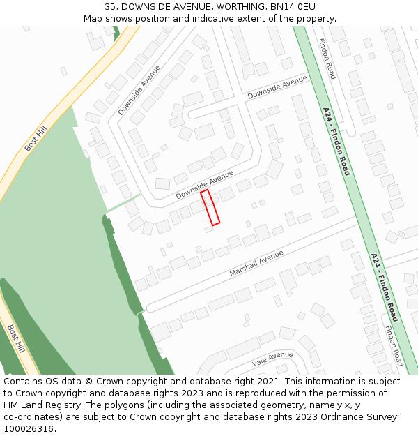 35, DOWNSIDE AVENUE, WORTHING, BN14 0EU: Location map and indicative extent of plot