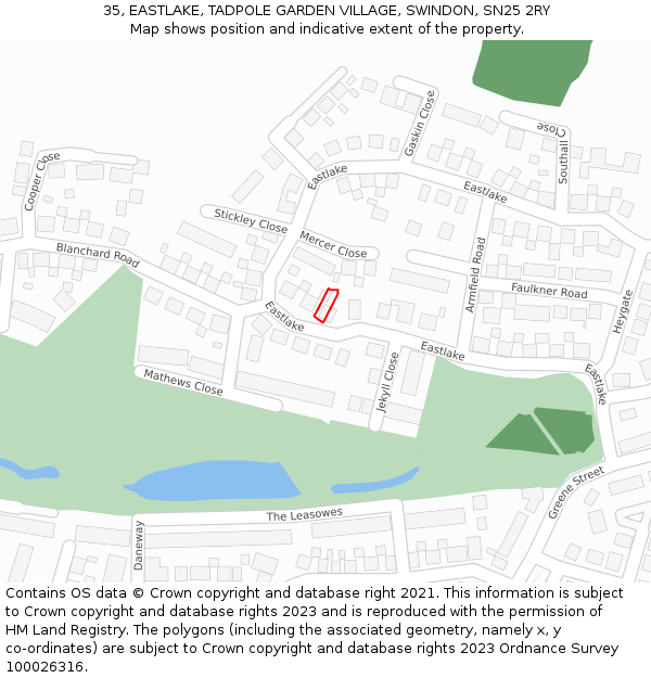 35, EASTLAKE, TADPOLE GARDEN VILLAGE, SWINDON, SN25 2RY: Location map and indicative extent of plot